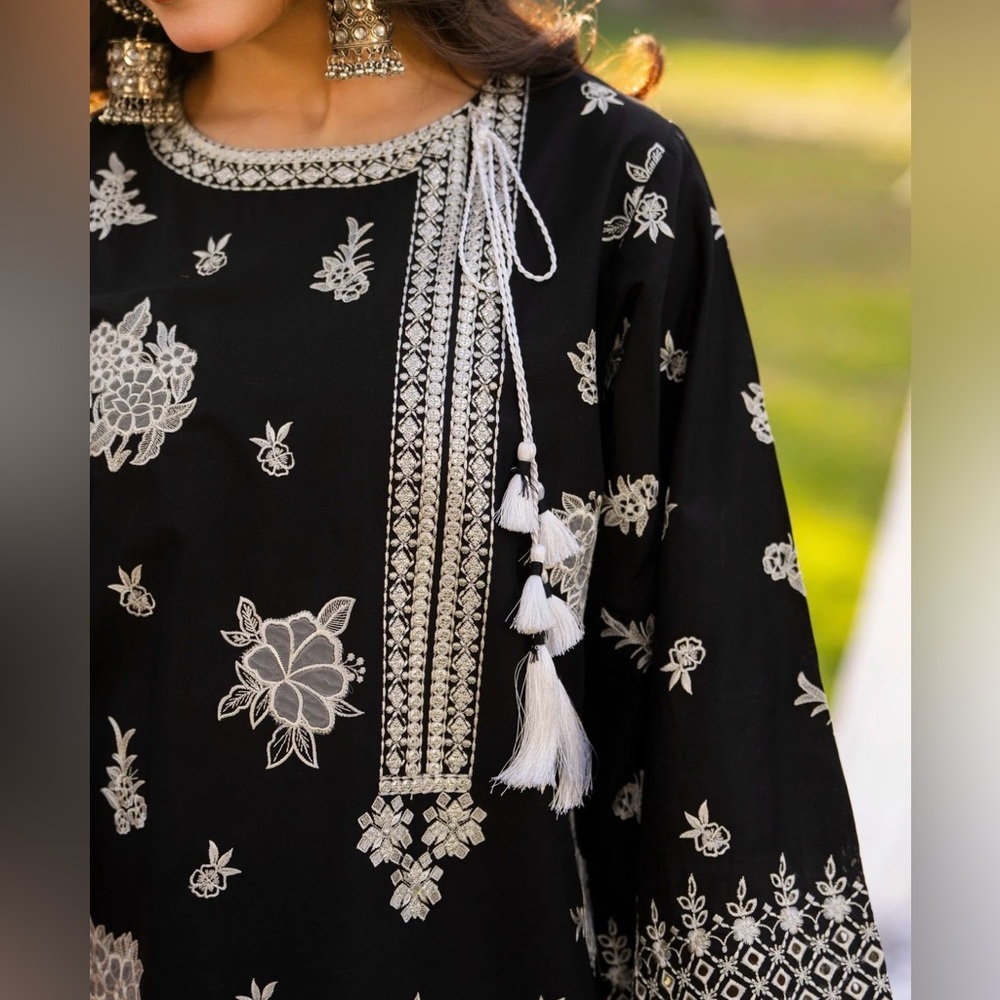 Elegant Black and White Floral embroidered Dress with Striped dupatta 3 pc dress - Picture 4 of 4